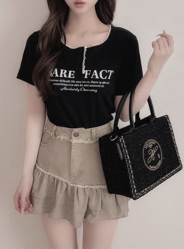 レースロゴプリントテレコリブトップス