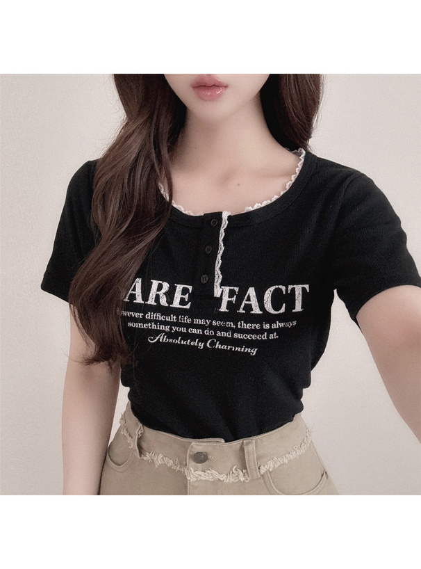 レースロゴプリントテレコリブトップス