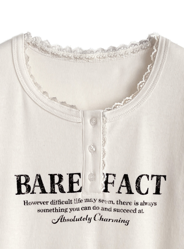 レースロゴプリントテレコリブトップス