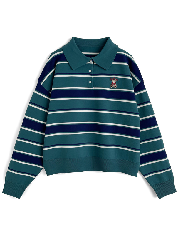 ボーダー柄テディベア刺繍ポロニットトップス