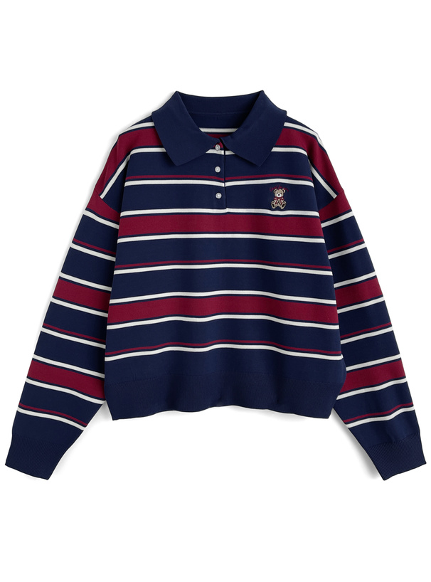 ボーダー柄テディベア刺繍ポロニットトップス