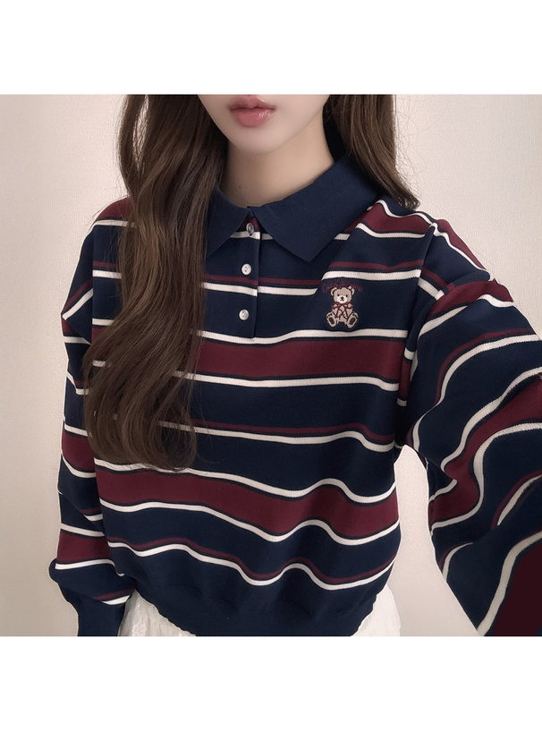 ボーダー柄テディベア刺繍ポロニットトップス