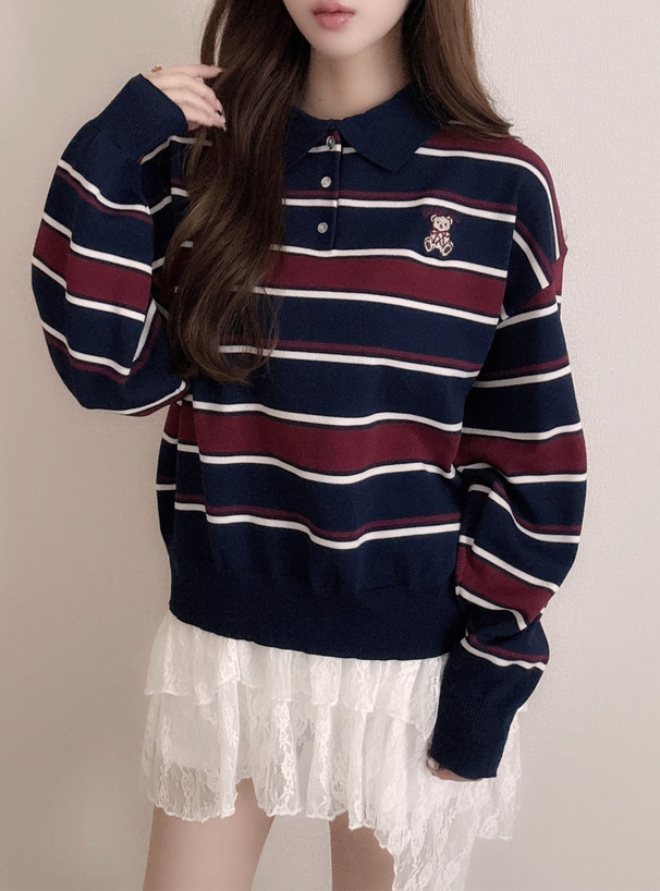 ボーダー柄テディベア刺繍ポロニットトップス