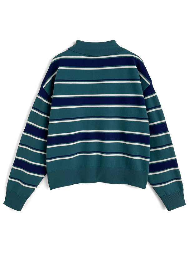 ボーダー柄テディベア刺繍ポロニットトップス