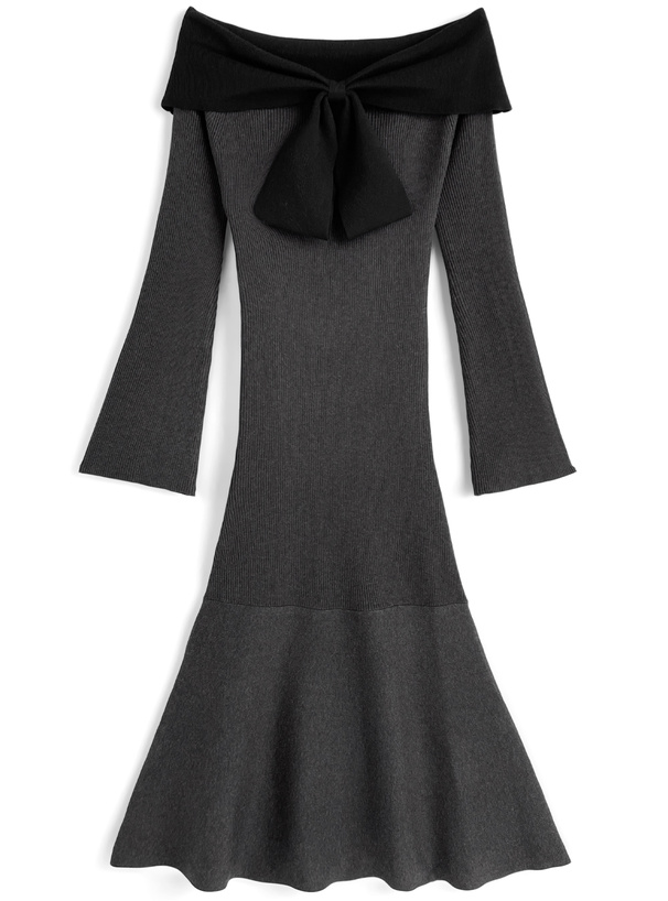 配色リボンオフショルダーマーメイドロングワンピース