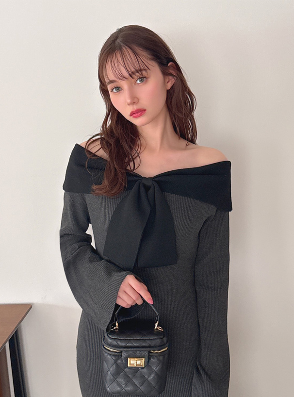 配色リボンオフショルダーマーメイドロングワンピース