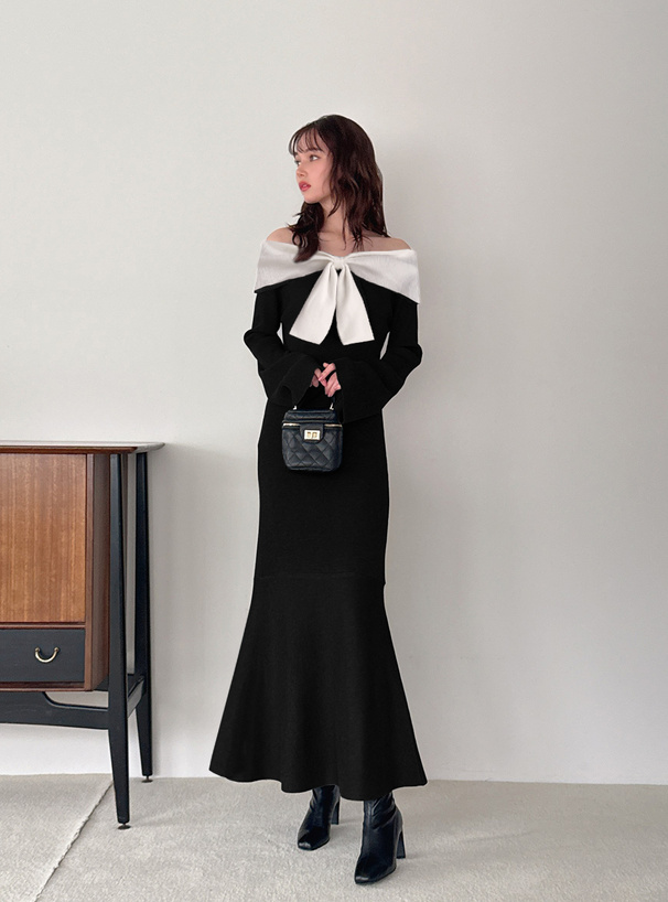 配色リボンオフショルダーマーメイドロングワンピース