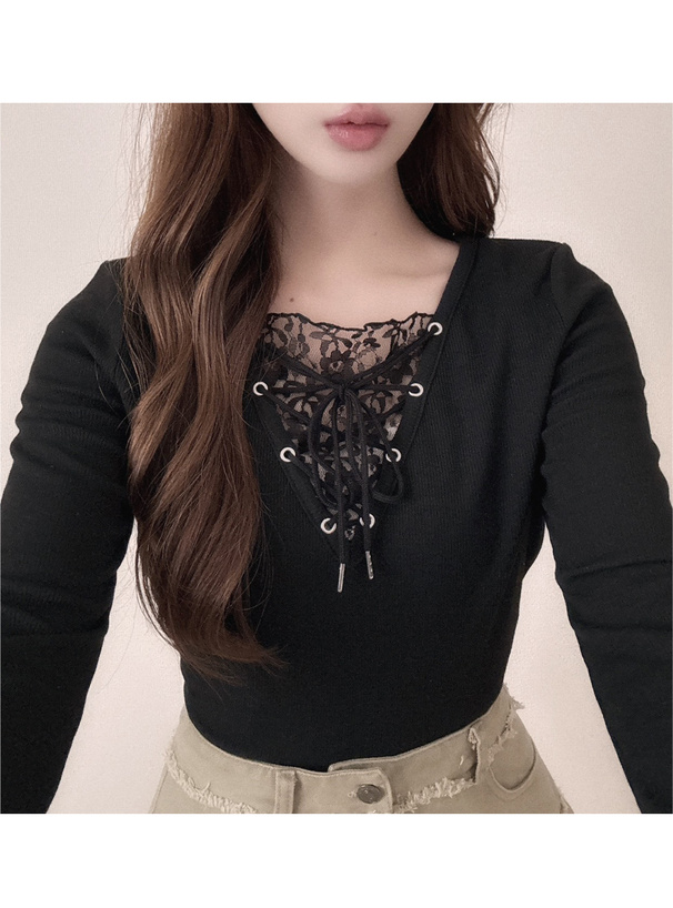 レースドッキングレースアップリブトップス