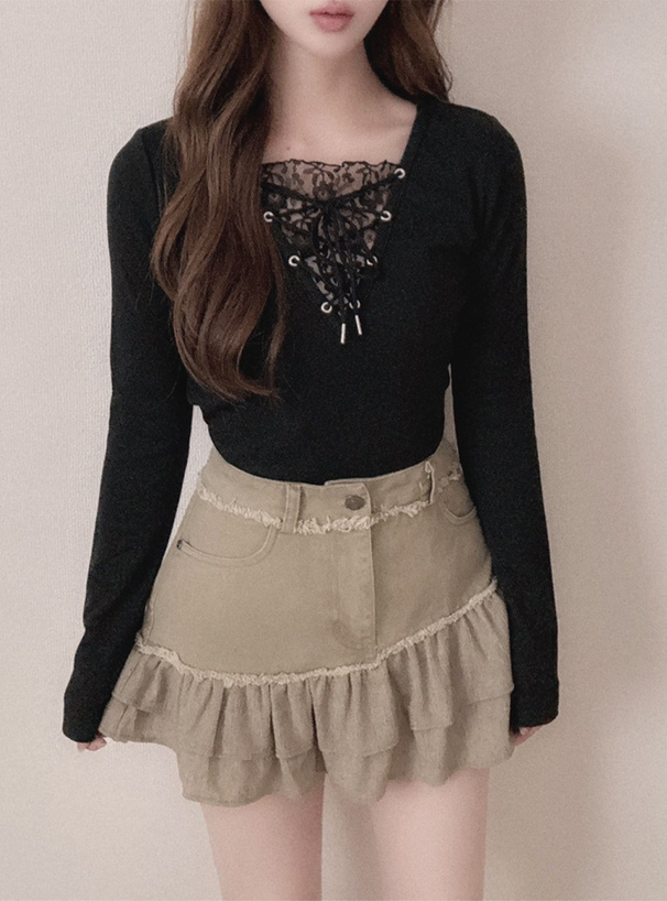 レースドッキングレースアップリブトップス