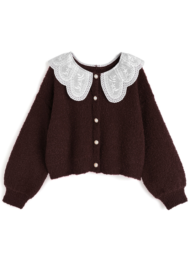 【美品】プリーツプリーズ　レース襟　カーディガン　ブラウン　Lサイズ 前後2Wayレース襟ブークレカーディガン[sf1212] | レディース