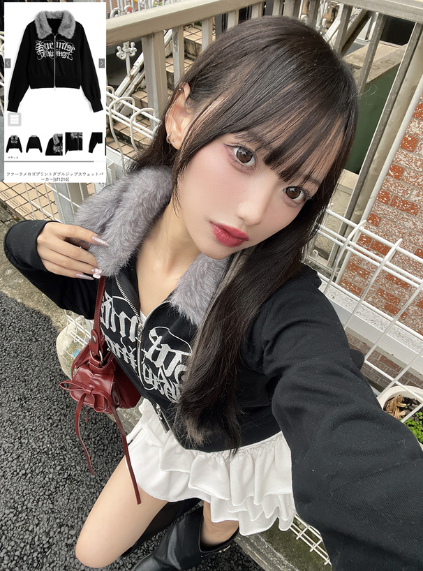 ファーラメロゴプリントダブルジップスウェットパーカー[sf1216