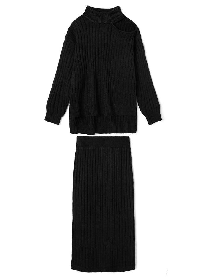 ハイネックショルダーカットトップスXタイトスカートニットセットアップ