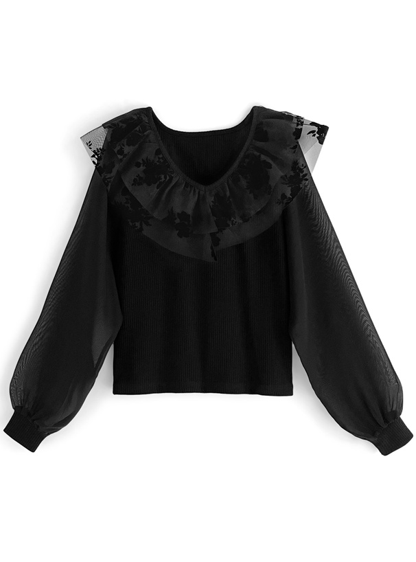 花柄シアーフリルネックトップス