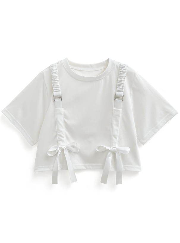 サスペンダー風リボンショート丈Tシャツ