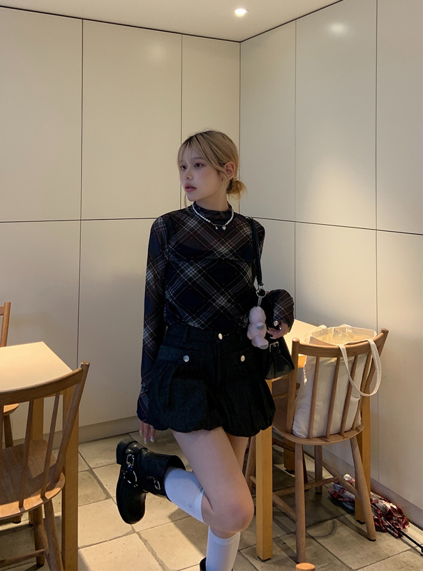 チェック柄ギャザーシアートップス