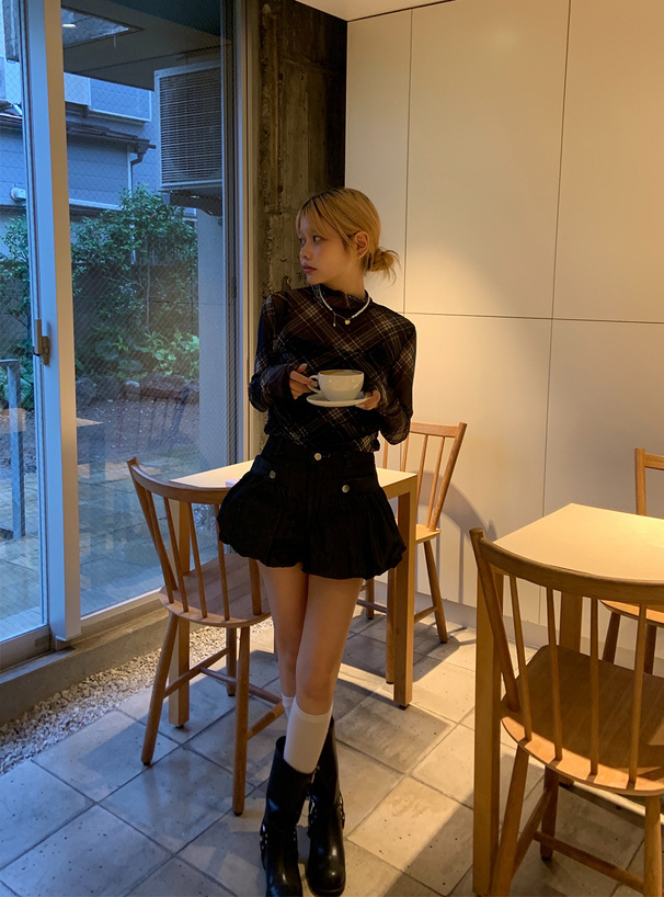 チェック柄ギャザーシアートップス