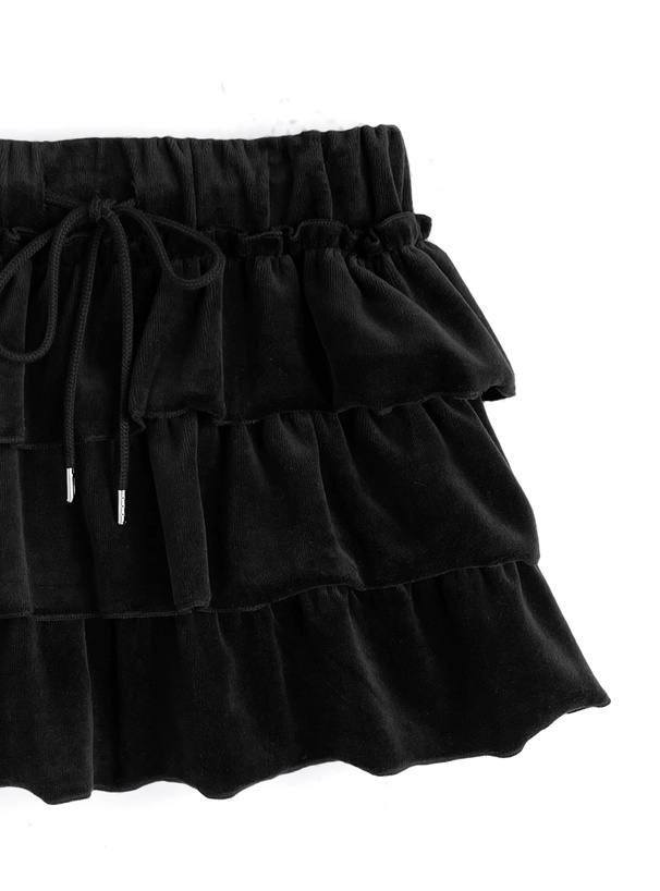 インパン裏地付きベロアティアードフリルミニスカート