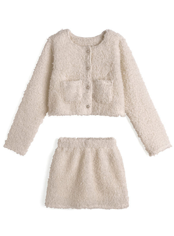 モコモコパールカーディガン×ミニスカートセットアップ[sm277