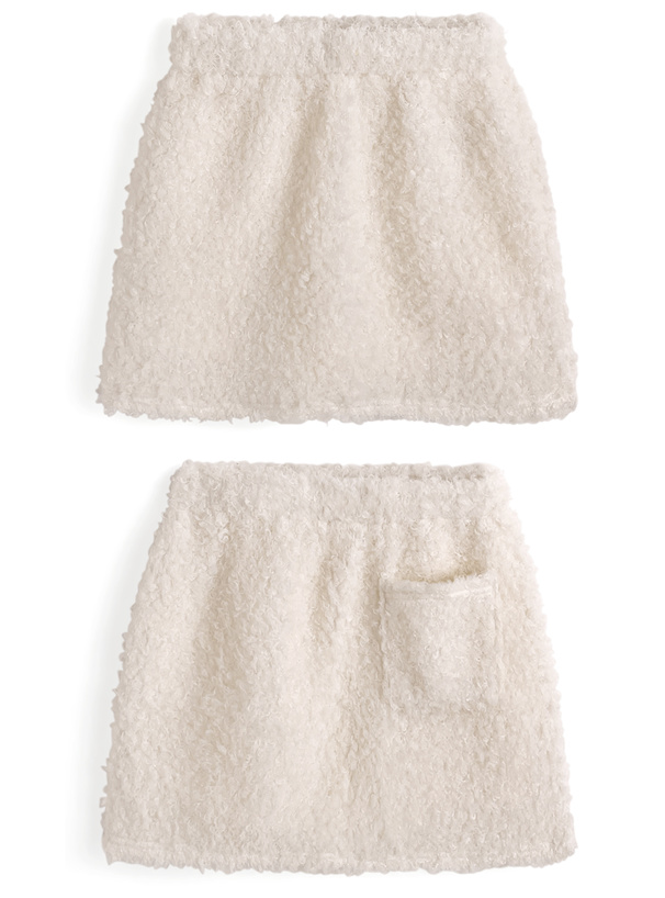 モコモコパールカーディガン×ミニスカートセットアップ