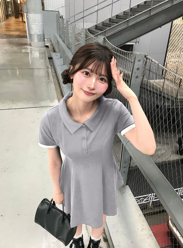 ポロ風袖配色フレアミニワンピース