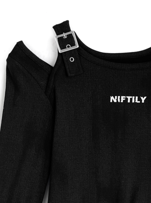 ショルダーオープンアシンメトリーロゴトップス