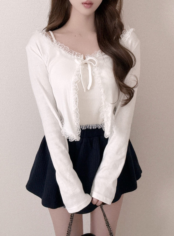 リボンレースリブカーディガン