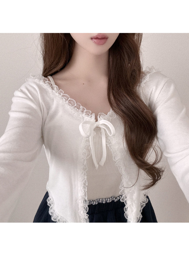 リボンレースリブカーディガン