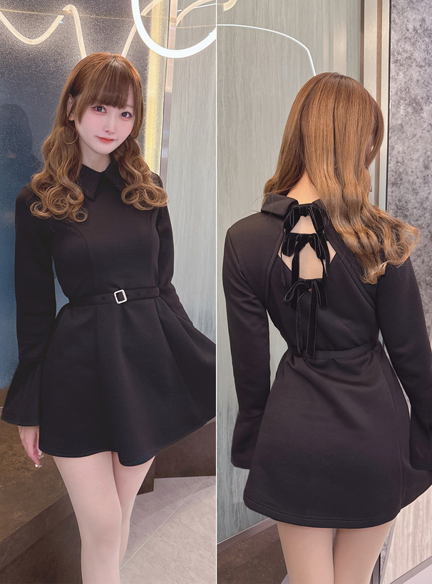 ベルト付きバックリボンフレアミニワンピース[sm374] | レディース