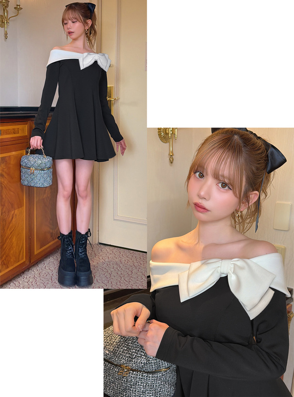 エブリン リボンオフショルミニワンピース リボンオフショルミニ