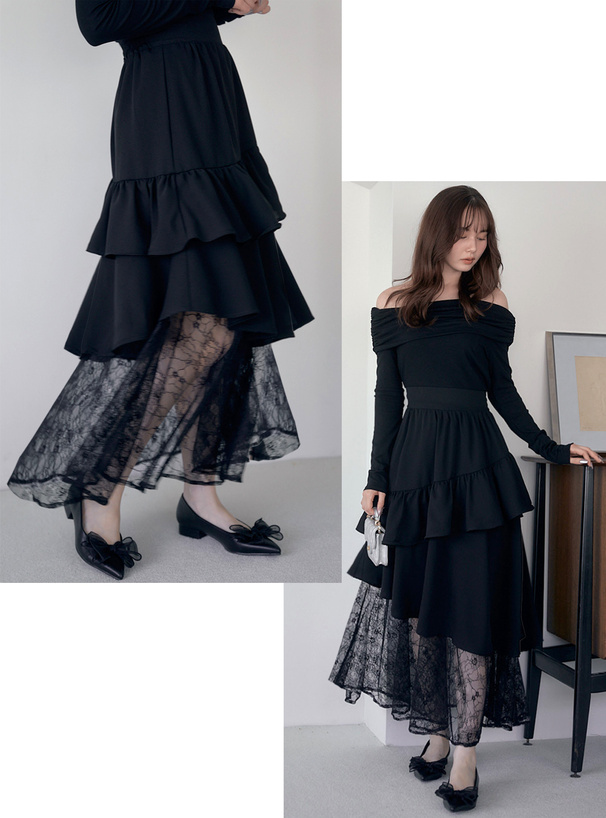 オフショルダーレースティアードワンピース