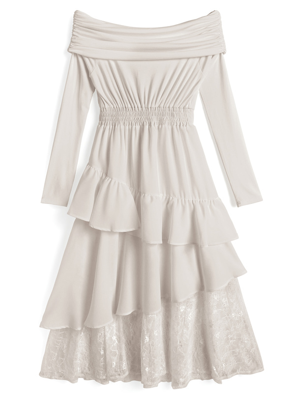オフショルダーレースティアードワンピース