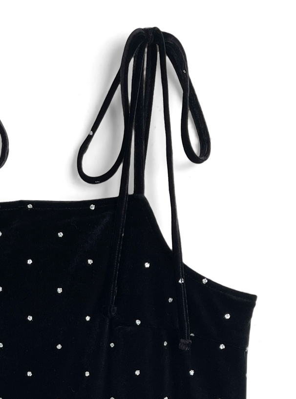 ドット柄リボンストラップベロアキャミソールミニワンピース[sm379