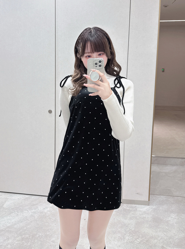 ドット柄リボンストラップベロアキャミソールミニワンピース[sm379