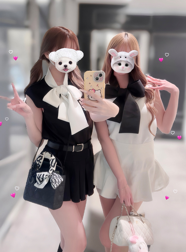 配色ボウタイフレンチスリーブトップス