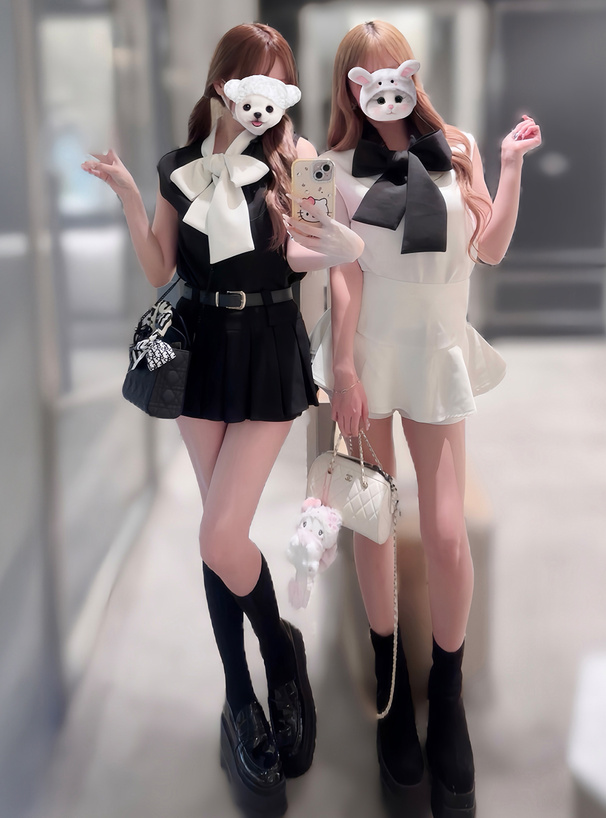 配色ボウタイフレンチスリーブトップス