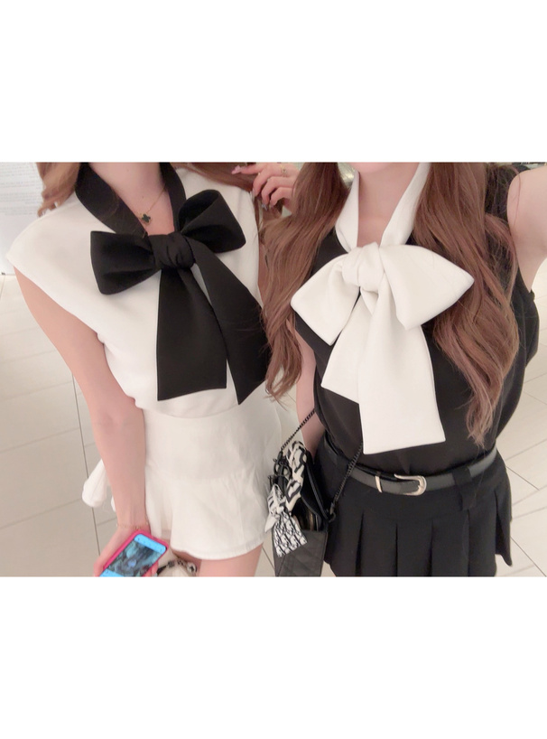 配色ボウタイフレンチスリーブトップス