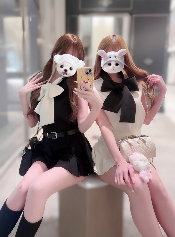 配色ボウタイフレンチスリーブトップス