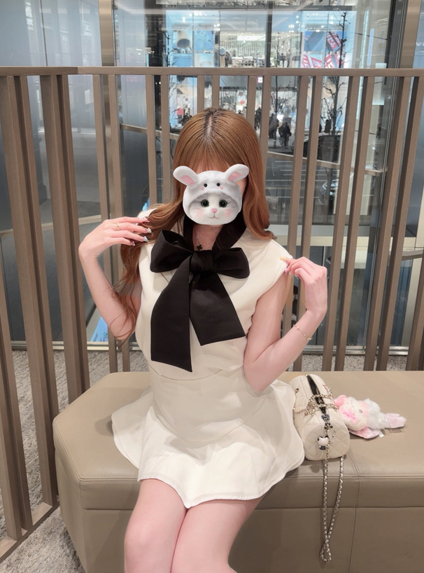 配色ボウタイフレンチスリーブトップス