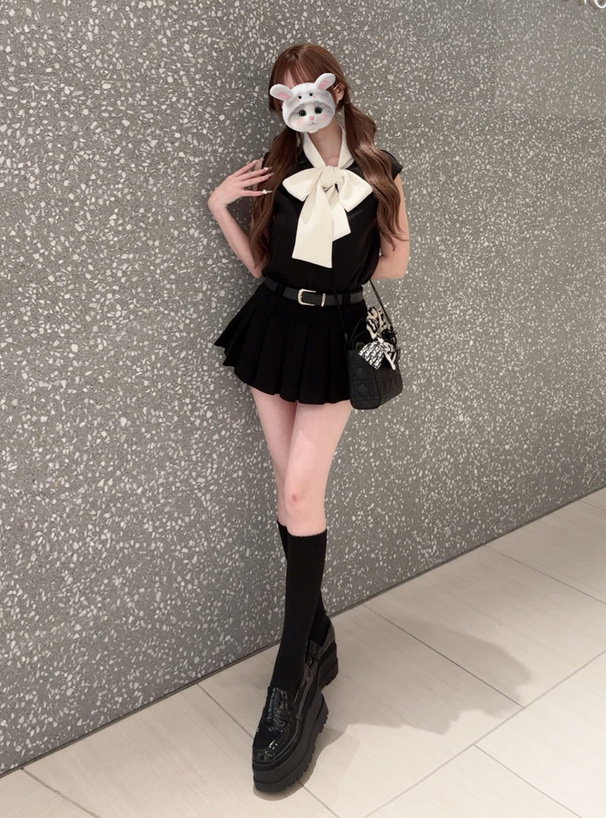 配色ボウタイフレンチスリーブトップス