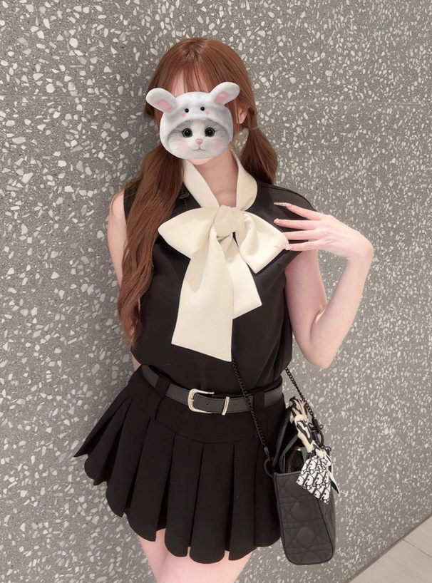 配色ボウタイフレンチスリーブトップス