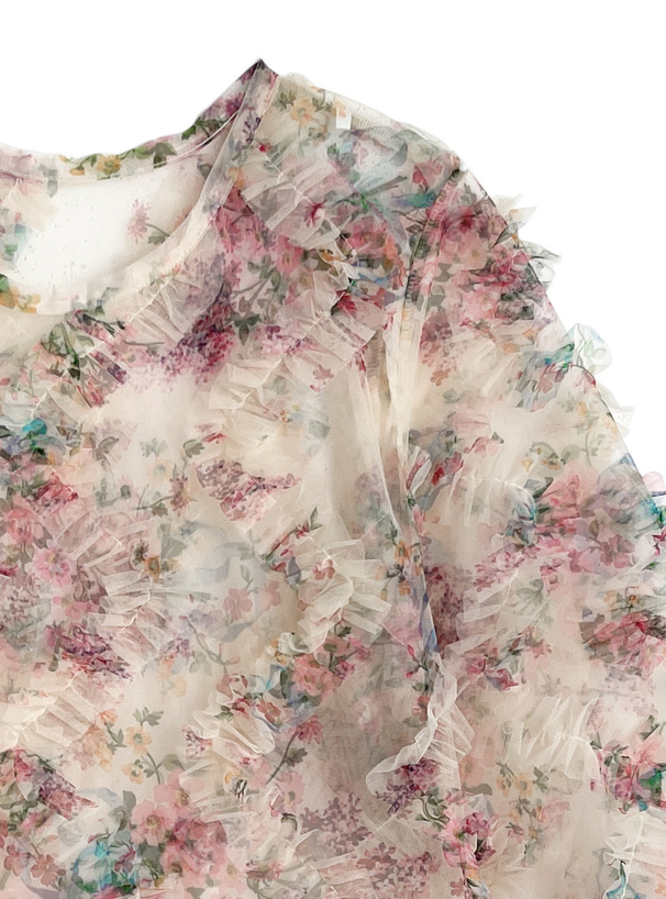 花柄フリルチュールトップス