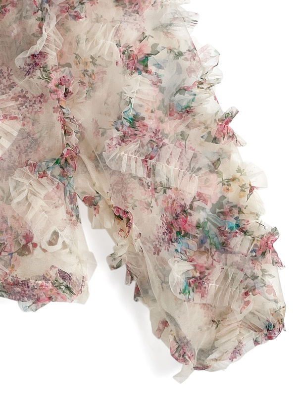 花柄フリルチュールトップス