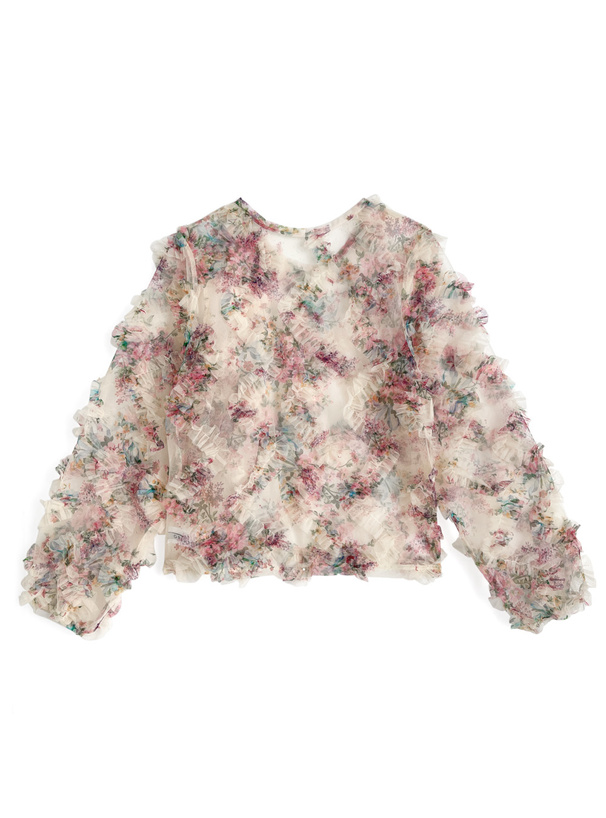 花柄フリルチュールトップス