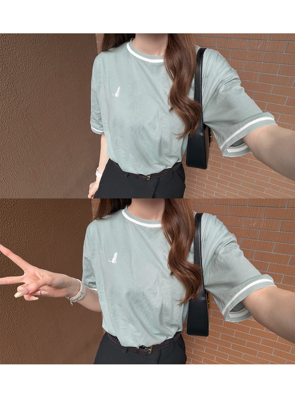 配色ラインロゴ刺繍Tシャツ