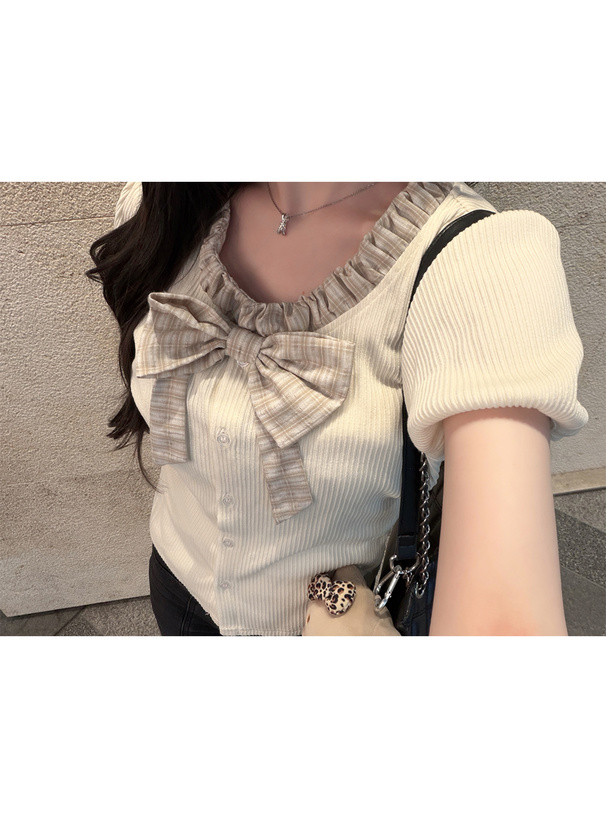 チェック柄リボンリブトップス