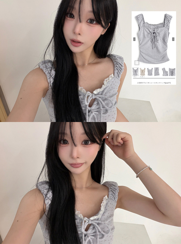 小花柄ダブルリボンレースタンクトップ