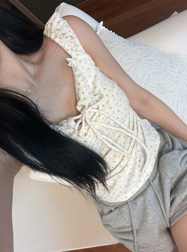 小花柄ダブルリボンレースタンクトップ