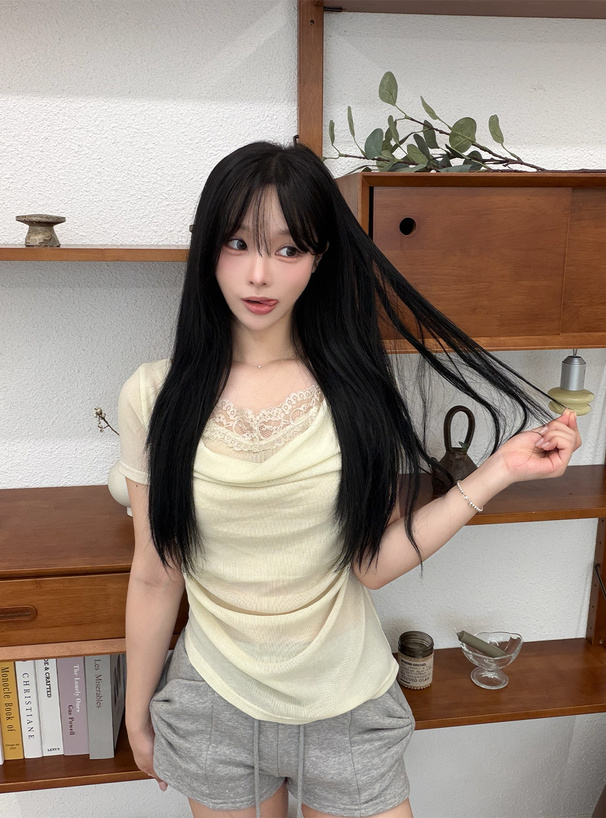 キャミソールレイヤード風ラメシアードレープトップス