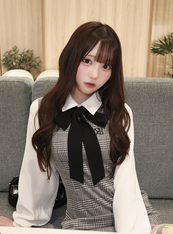 リボンタイ付きチェック柄ミニワンピース