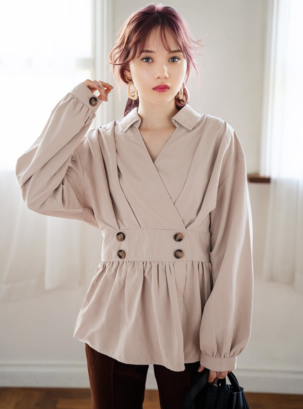 トレンチ風バックシャーリングカシュクールブラウス